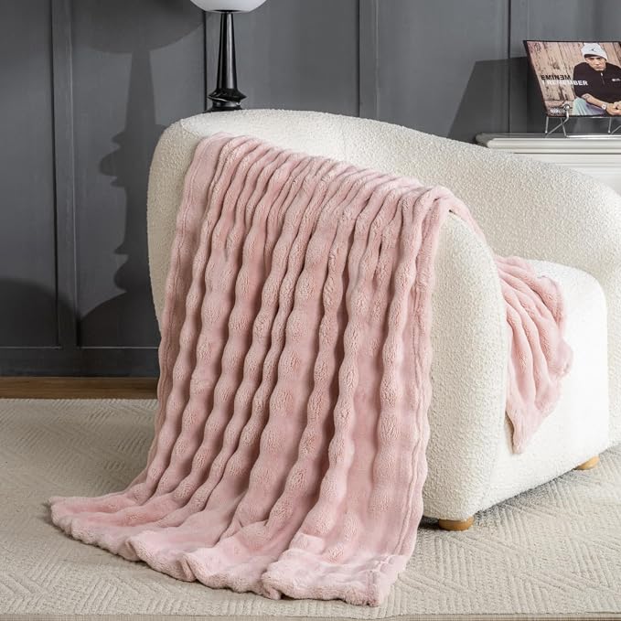 Pink Faux Fur Throw Blanket for Couch, Soft Fluffy Bubble Blanket for Bed Sofa, Thick Warm Plush Fuzzy Rabbit Fur Blanket for Cute Home Decor, 50"X 60"