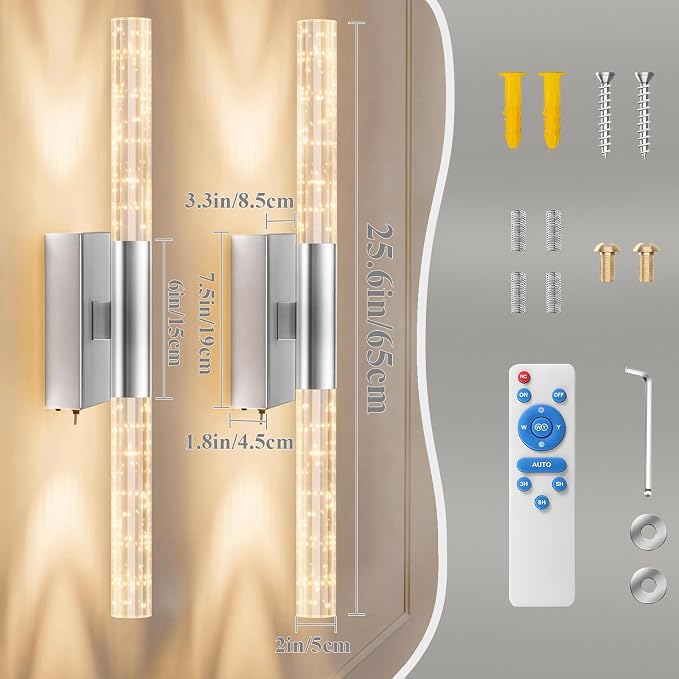 camuucci Battery Operated Wall Sconces Set of 2, Rechargeable Wall Lights | 12000mAh Long-Lasting Battery,Dimmable Cordless Sconce,No Wiring Needed for Bedroom,Living Room,Silver,25.6-Inch