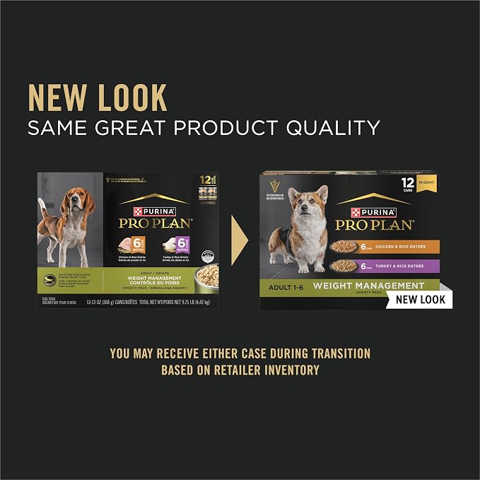 Purina Pro Plan Weight Management Wet Dog Food Variety Pack, (12) 13 oz | Chicken & Rice Entree and Turkey & Rice Entree dog food in gravy, high protein, maintains muscle mass during weight loss
