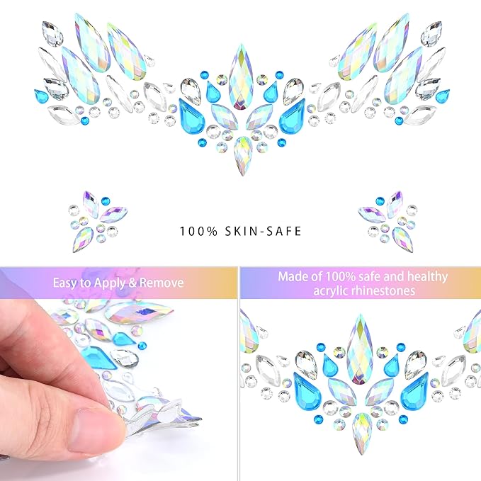 SAOROPEB Face Gems - 6 Sets Mermaid Face Jewels Temporary Tattoo Stickers Acrylic Crystal Glitter Stickers Waterproof Eye Gems Stick On Rainbow Tears Rhinestone for Party, Rave Festival