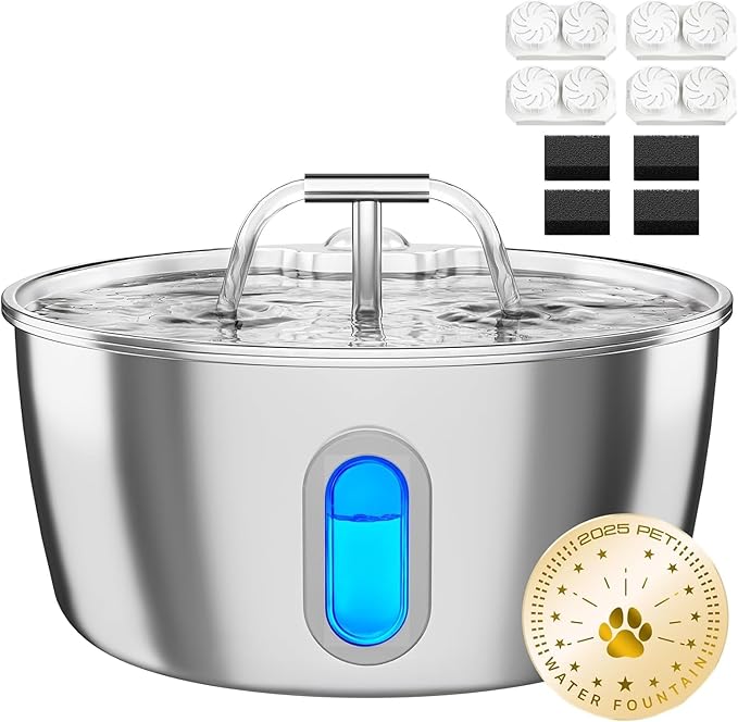 Stainless Steel Cat Water Fountain - 3.2L/108oz Cat Fountain for Drinking | Quiet Pet Water Fountain for Cats Indoor - Automatic Pet Water Bowl Dispenser - for Kitty & Small Dog (4 Filters)