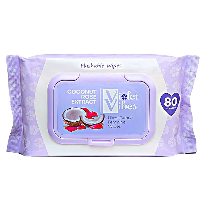 Violet Vibes Toilet-Friendly Coconut Rose Wet Wipes for Women | Butt & Vaginal Freshness | Soft, Clean, Refreshing Hygiene | Dermatologist Approved Flushable Feminine Wipe for Sensitive Skin 80 ct