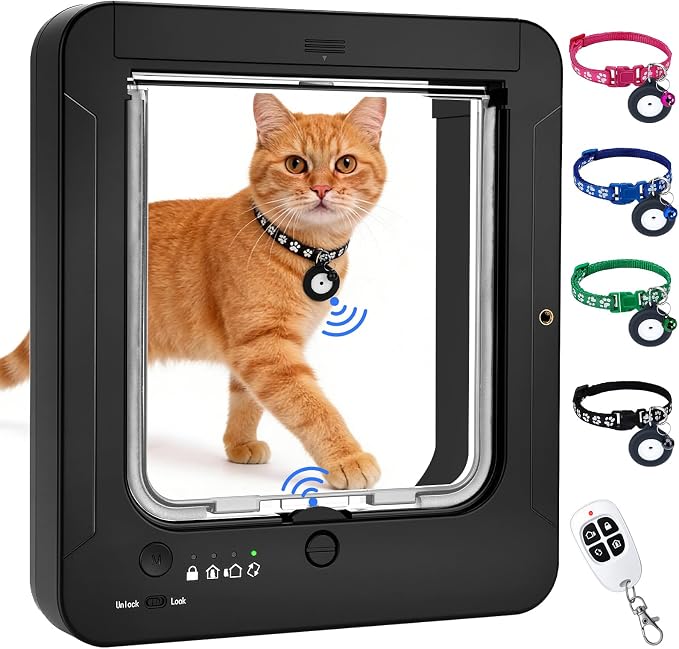 Smart Cat Door with 4 Collar Sensor Key, RFID Electronic Cat Door Collar Activated with Remote Control, 4 Way Locking Cat Flap Automatic Pet Door Interior & Exterior