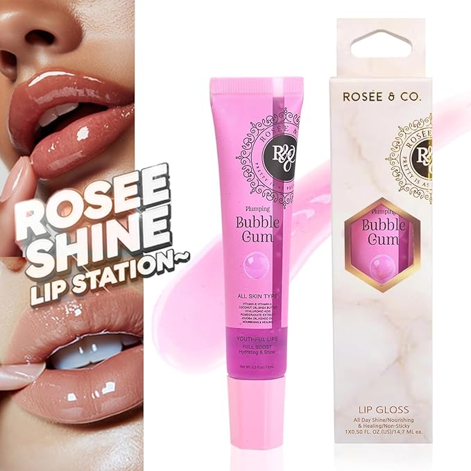 Rosee Lip Gloss Vegan & Cruelty Free Treatment, Professional Make up, Long Lasting Glossy with Shea Butter, Moisturize, Protect & Smooth, High Shine, Non-Sticky (h. Bubble Gum, 0.5)