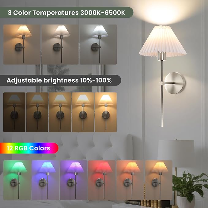 Wireless Wall Sconce Sets of 2, Pleated Shades Rechargeable Battery Operated Wall Sconce, Retro Industrial Brushed Nickel Bathroom Vanity Lights, Wall Mounted Lamps for Bedroom Living Room Hallway