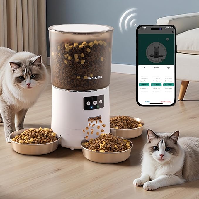Automatic Cat Feeder with 3 Bowls, Strong Anti-Jam System, Dual-Effect Desiccant, Smart WiFi App Control Pet Feeder, Ivory