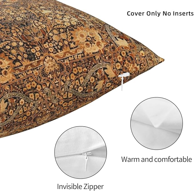 Antique Persian Kirman Rug Print Pillow Covers Decorative Square Throw Pillowcase 18x18 Inch Couch Cushion Cover for Home Decor Living Room Bedroom College Dorm Bed Car Sofa