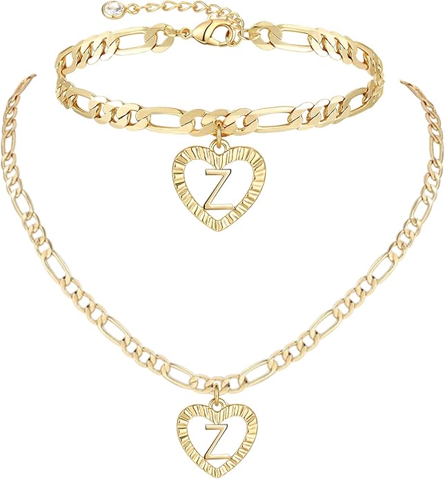 YANODA Gold Initial Pendant Necklace Anklet Bracelet for Women 14K Gold Plated Figaro Chain Letter Initial Heart Necklace Anklets Alphabet Foot Jewelry Personalized Jewelry for Women