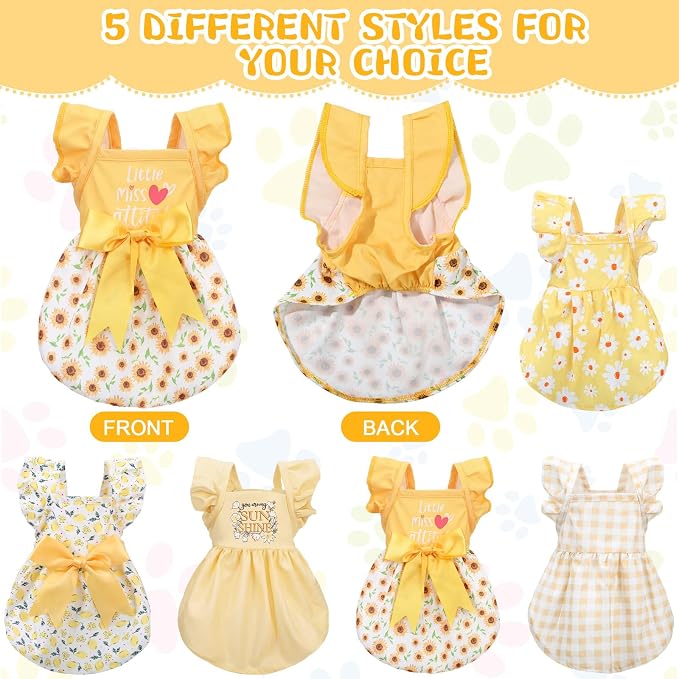 Abbylike 5 Pcs Dog Dresses for Medium Dog Girl, Yellow Summer Puppy Clothes | Floral Daisy Princess Bowknot Plaid, Cute Breathable Soft Dog Skirts Outfits, for Small Medium Pets Cats Female