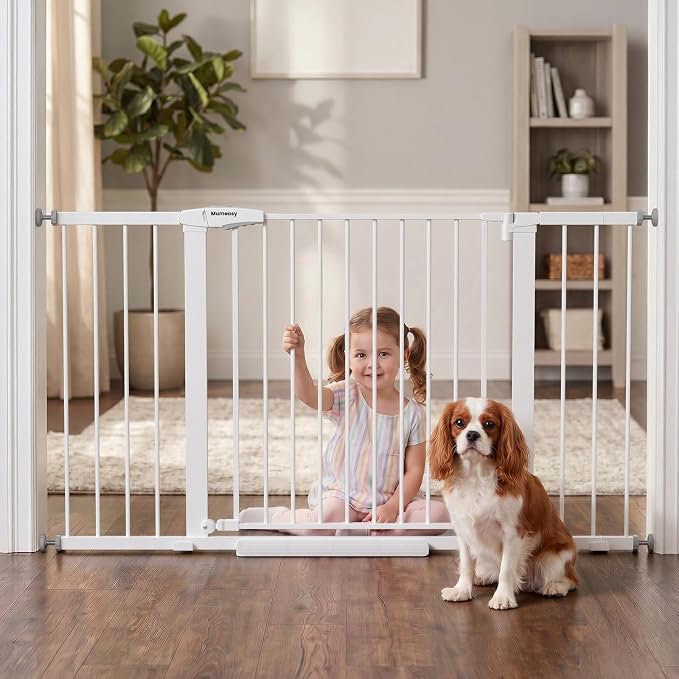 Mumeasy 36-58" Extra Wide Baby Gate for Stairs, 30" Tall Walk Through Dog Gate for Doorways & Hallways, Auto Close Pressure Mounted Safety Gate for Toddlers & Pets, Dual Swing Child Gate Indoor, White