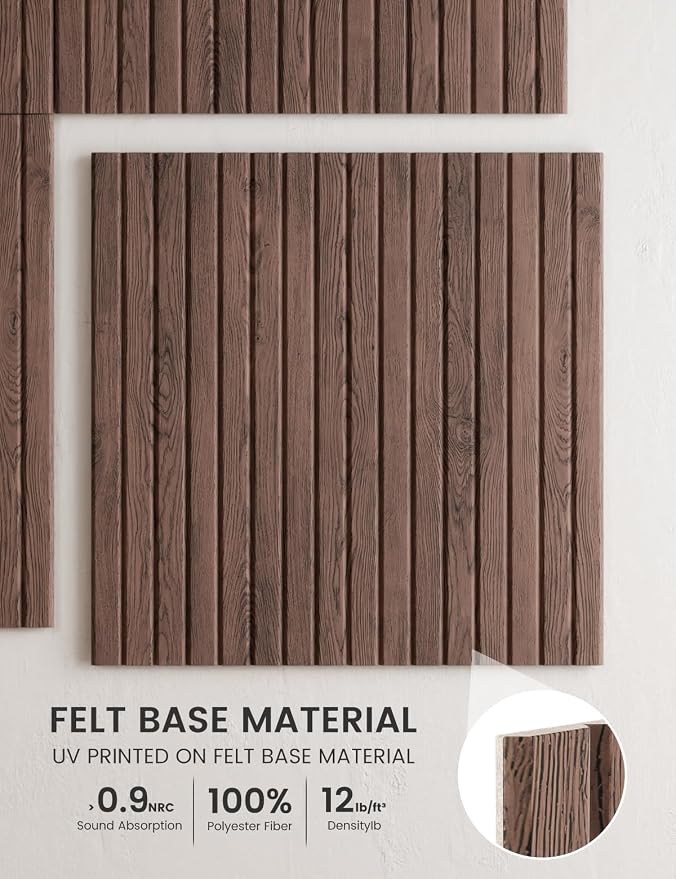 Fluxynara 6-Pack Large Felt Bulletin Board, Walnut Slat | 70.87" x 47.24" Cork Board Alternative, Acoustic Wall Panels with 60 Adhesive Tabs for Recording Studios and Home Offices
