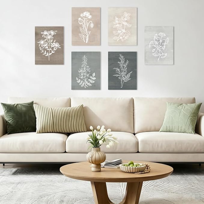 BINCUE Neutral Botanical Plant Canvas 6 Pieces Rustic Farmhouse Wall Art for Living Room Bedroom and Bathroom,Canvas Paintings Print Set Decor 12"x 16"