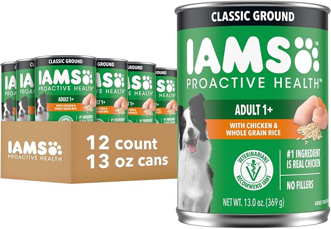 IAMS Proactive Health Ground Wet Dog Food, Chicken, 13 oz, 12 Pack | Made with real chicken, Omega-6 for skin & coat, no fillers or artificial flavors, 100% complete & balanced adult maintenance