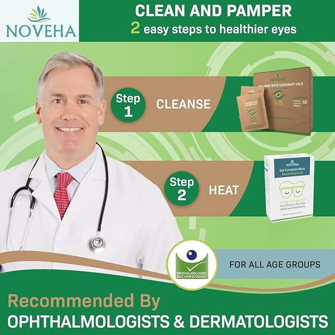 NOVEHA 120PCs Tea Tree & Coconut Oil Eyelid & Lash Wipes - For Demodex, Blepharitis & Itchy Eyes, Individually Wrapped Eyelash Wipes With Aloe Vera, Natural Makeup Remover & Daily Eye Cleanser - 2pack