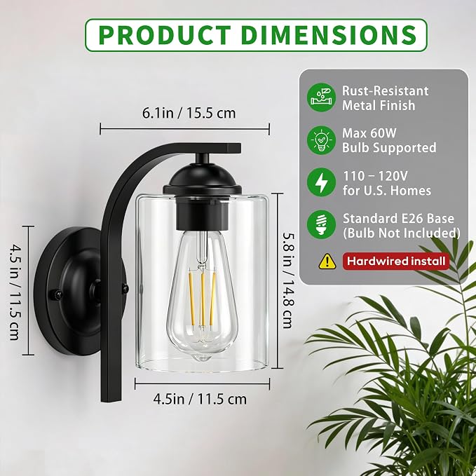 Wall Sconces Lights Lamp for Bedroom Bathroom, Modern Vanity Light Fixtures, Matte Black Farmhouse Wall Mount Lighting Lanterns with Clear Glass Shade for Living Room Mirror Hallway Kitchen