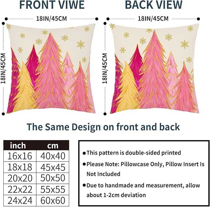 Christmas Pillow Covers 18X18 Inch Set of 2 Hot Pink Xmas Trees Decorative Pillow Cases Golden Snowflakes Cotton Linen Cushion Case Farmhouse Winter Holiday Home Decor for Sofa Couch Bedroom