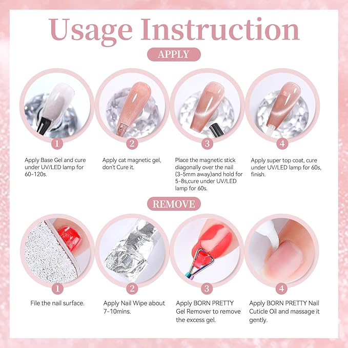 Born Pretty Cat Magnetic Eye Gel Nail Polish,15ML Water Light Soft Pink Magnetic Gel Polish Jelly Glass Crystal Nail Polish Glitter Shimmer Auroras Gels Nail