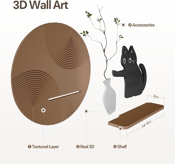 3D Textured Round Cat Wall Art with Shelf, Modern Minimalist Brown Sandstone Texture Artwork for Walls, Black Cat Geometric Wall Art Decor for Living Room, Hallway, Dining Room, Bedroom, Office, 24x24