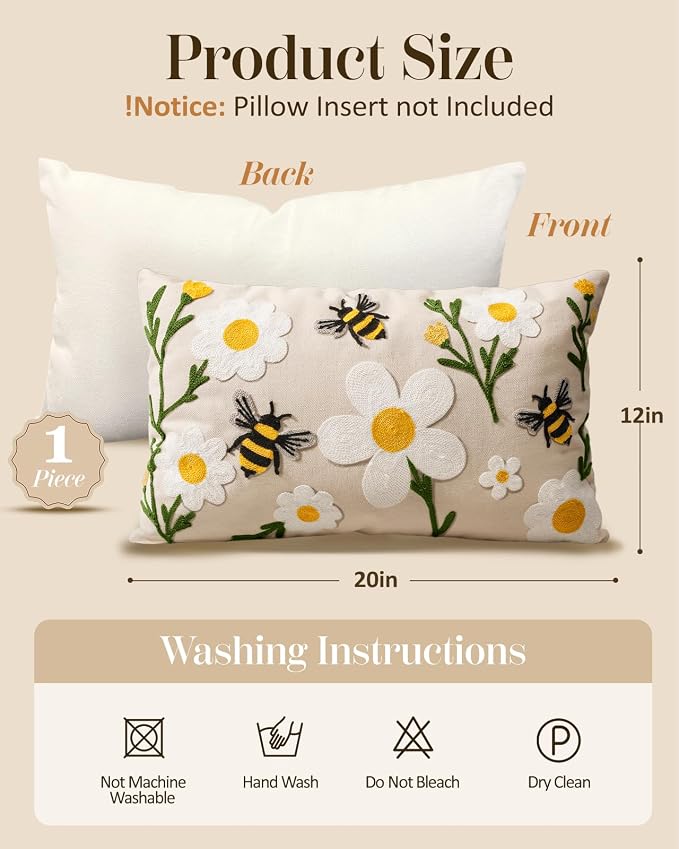 Embroidered Lumbar Pillow Cover 20x12 Inch, Flower Bee | Decorative Throw Pillow Cover, Floral Farmhouse Cushion Case with Hidden Zipper, Home Decor for Couch, Sofa, Living Room