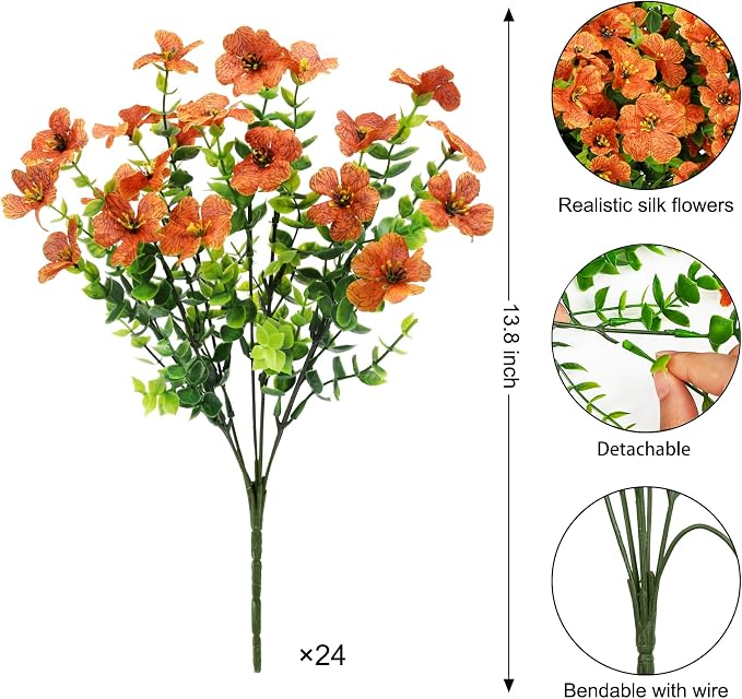 24 Pcs Artificial Fall Flowers, Fake Mums for Outdoors, Orange | Lifelike faux mums, silk flower, UV resistant, no-maintenance, for autumn Thanksgiving garden porch yard indoor outdoor decor