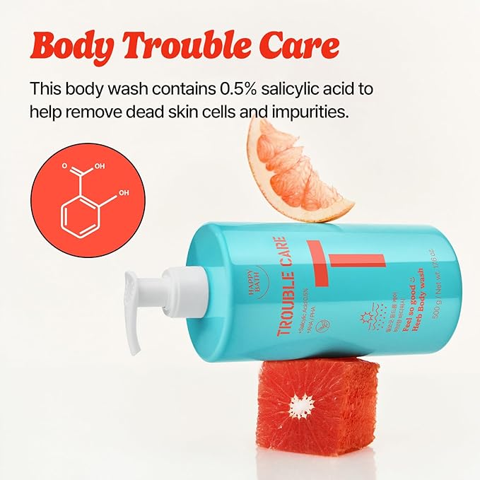 HAPPY BATH Trouble Care Feel So Good Herb Body Wash with Salicylic Acid, AHA & PHA, Mild Exfoliating & Moisturizing Body Cleanser for Acne-Prone Skin, Herbal Grapefruit Scent, 17.6 fl oz