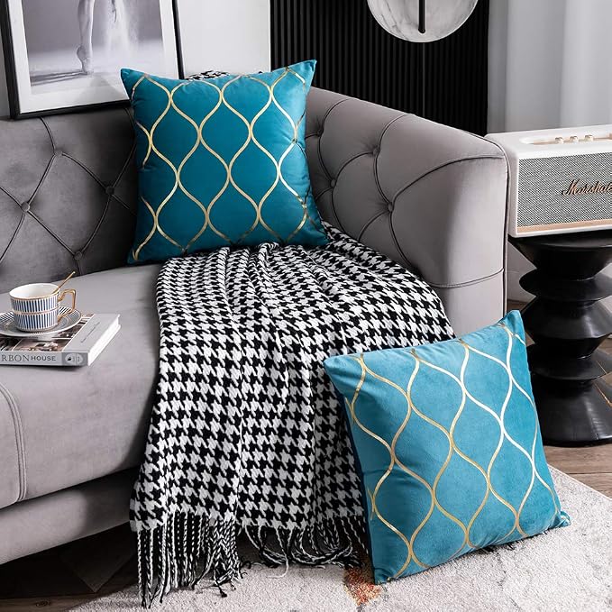 26x26 Inch Gold Velvet Euro Sham Pillow Covers: 2 Pack Square Decorative Pillow Cases for Bedroom Sofa Couch Living Room, Turquoise