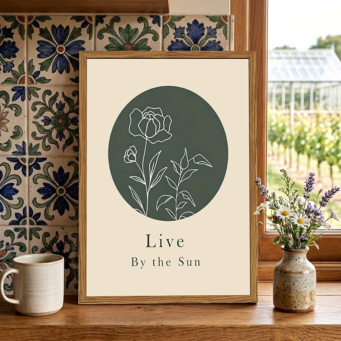 Framed Boho Sun and Moon Wall Art Set of 2, Sage Green Floral Line Pictures Wall Decor, Minimalist Quotes Paintings Mid Century Modern Canvas Prints for Living Room Bedroom Office 12x16 inch