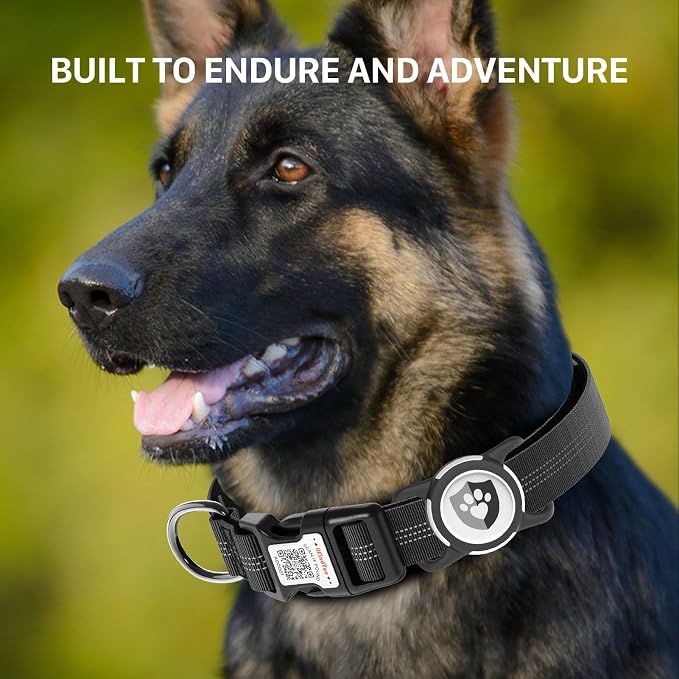 Waterproof AirTag Dog Collar with QR Code Dog Tag, Black M | IP68 waterproof, QR code dog tag, Anti-Lost, Online profile, fits XS-L (8"-26"), Padded nylon, Reflective, No App, No Fees