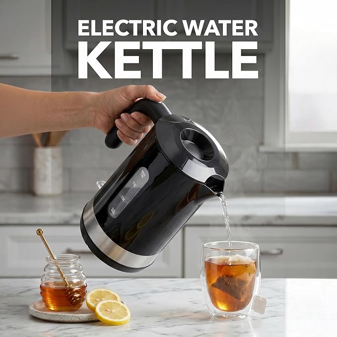 OVENTE 1.8L Electric Kettle, 1500W Fast Boiling Heater for Coffee or Tea, BPA Free, Easy to Fill Lid, Water Level Window, Auto Shut-Off, Boil-Dry Protection and Removable Filter, Black KP413B