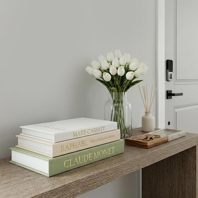 Sage Green Faux Book Box Set of 3 - Linen Decorative Books for Shelves, Fake Books for Decoration with Secret Compartment, Cottagecore Aesthetic Room Decor (Green-Beige-White)