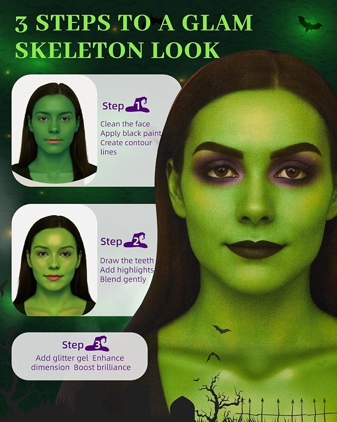 Halloween Green Witch Makeup Kit - Lictin Complete Witch Green Face Paint with Purple Glitter, Professional Witch SFX Make Up Kit for Halloween, Costume, Cosplay, Carnivals for Adults & Kids