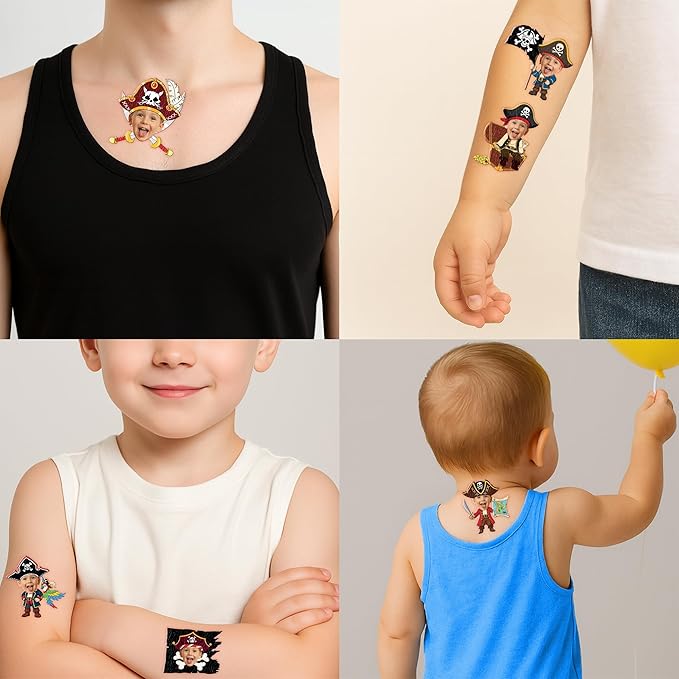 Custom Pirate Temporary Tattoos for Kids - Personalized Pre-Cut Face Photo Tattoos - Fun Birthday Party Favors for Boys, Pirate Fans - Set of 20 Unique Celebration Gifts