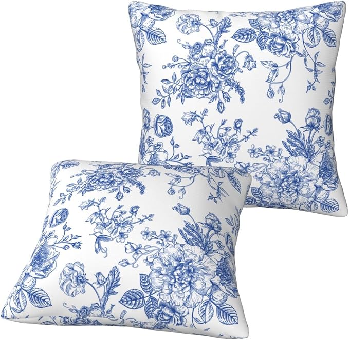Blue White Chinoiserie Floral Throw Pillow Covers 16x16 Set of 2 Farmhouse Decorative Cushion Cases Home Decor