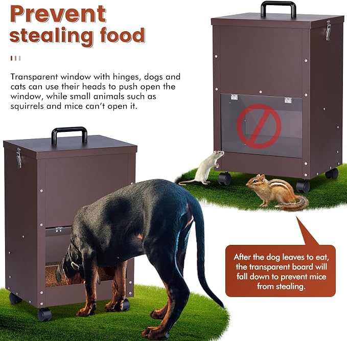 Automatic Dog Feeder Large Breed 45lb Outdoor Dog Food Dispenser for Large Dogs Self Feeding Galvanized Metal Dogs Pets Feeder Gravity Food Feed with Wheels (Brown)