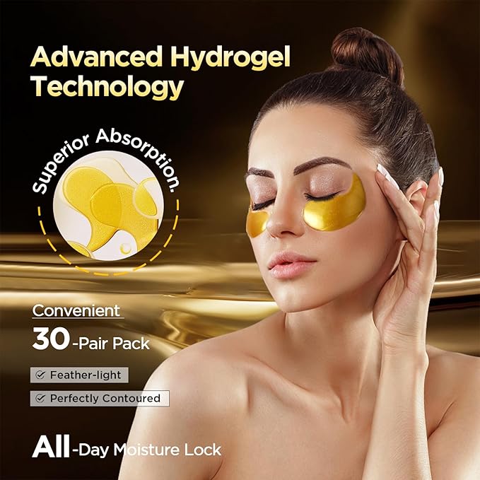 24k Gold Eye Patches - Firming, Glowing & Hydrating Hydrogel Mask for Puffy Eyes, Dark Circles, Wrinkles, Eye Bags Treatment, Fine Lines, Korean Skincare Gifts for Men and Women, 60Pcs
