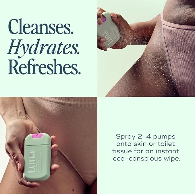 Luna Daily Spray to Wipe - Trio | Hydrating, Fragrance-Free & Original Feminine Mist | pH-Balanced, Natural Prebiotic Spray with Lactic Acid | Vegan, Plant-Based | Travel Set - 3 x 1 oz (30ml)