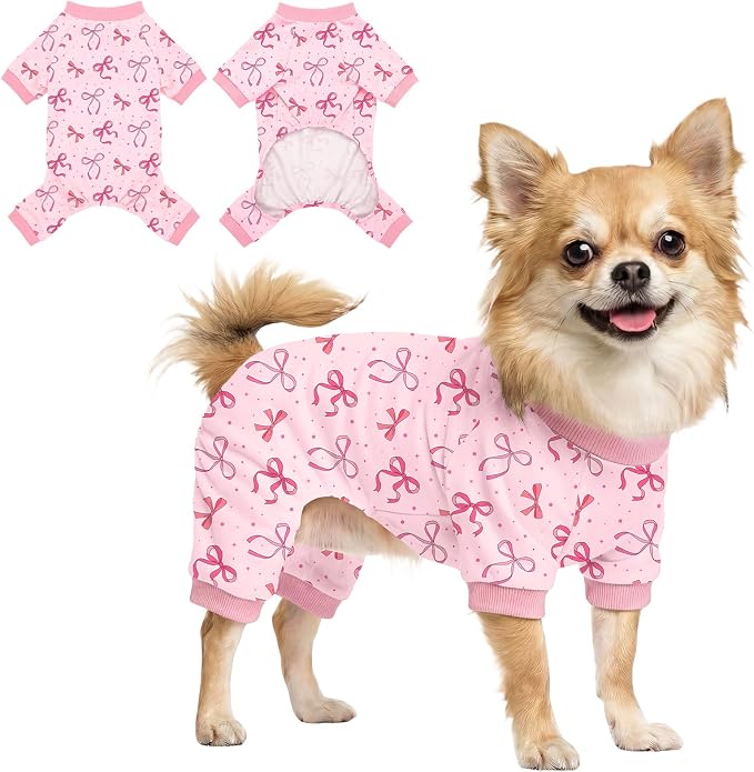 Dog Pajamas for Small Medium Dogs Pjs Pink Bow Dog Onesie Breathable Puppy Pj Pet Stretchy Soft Sleepwear for Spring Summer Costume-M