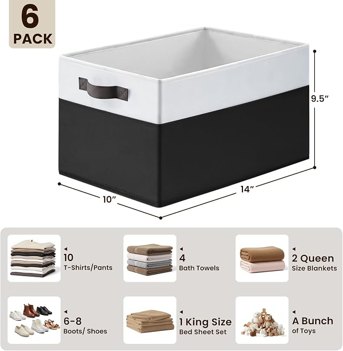 6 Pack Closet Organizers and Storage Bins, Cute Dorm Room Essentials for Clothes Beddings Bags, Under Bed Storage Containers, Apartment Essentials Baskets for Organizing (14L*10W*9.5H)