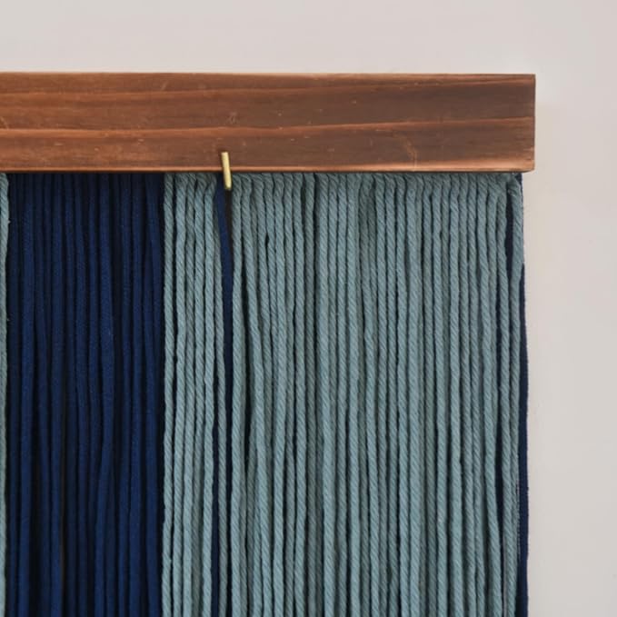 Jakalin Macrame Wall Hanging Boho Yarn Tassel Blue Modern Decor 39"x39" | Hand-dyed navy ombre, Wood dowel, Fringe tassels, Wall decor for living room, bedroom, apartment，Handmade yarn fiber deocr