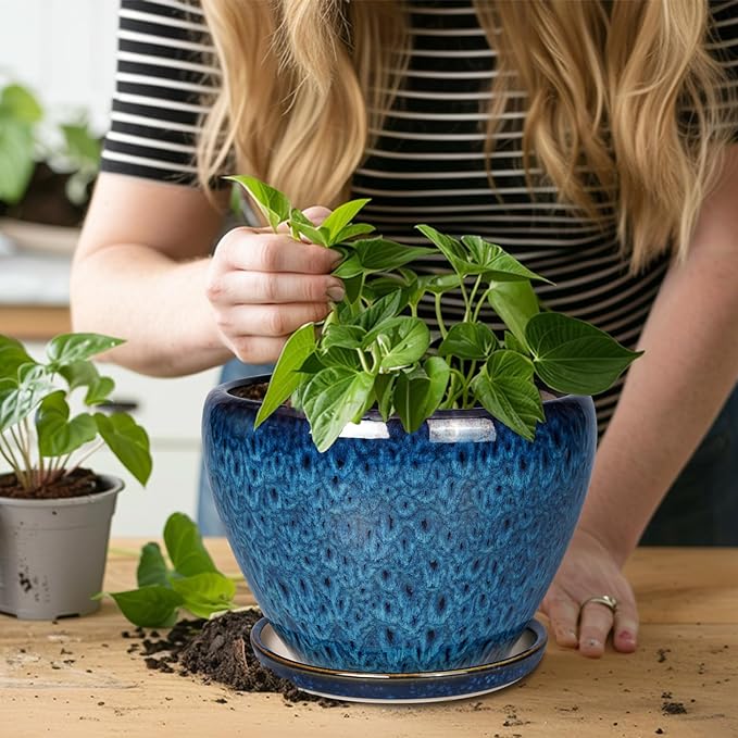 Ceramicfor 10 Inch Ceramic Planter Pot, Ceramic Plant Pot for Indoor Outdoor Plants, Large Flower Pot with Drainage Hole and Saucer, Blue