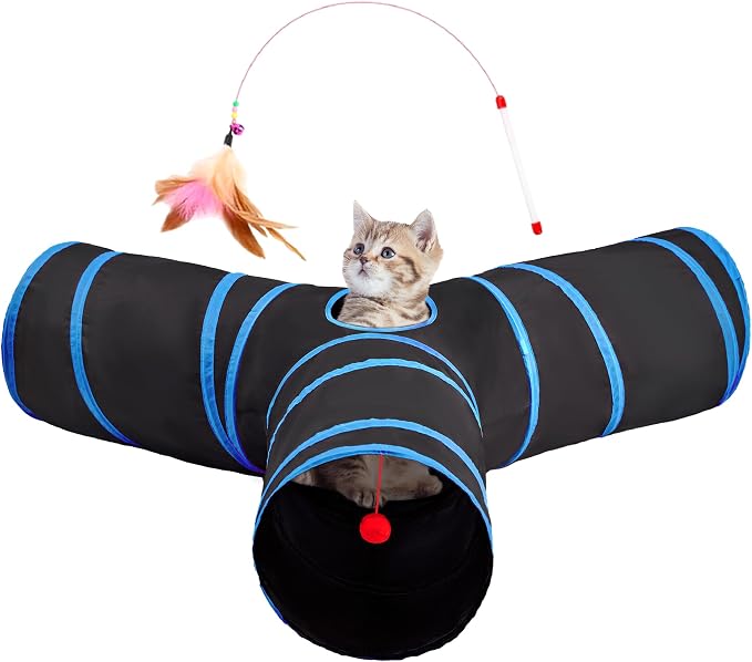 Tempcore Cat Tunnel, 3-Way Collapsible Toy, Large Size Black & Royal Blue