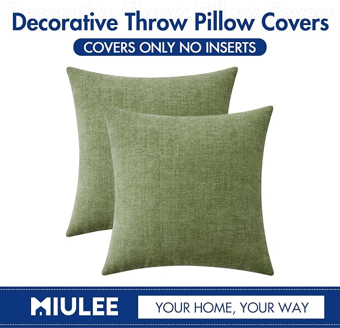MIULEE Soft Chenille Throw Pillow Covers Sage Green 20x20 Inch Pack of 2 | Modern Home Decor, Classic Decorative Pillows, Solid Dyed Cases, Boho Couch Cushion Covers for Sofa Bed Living Room