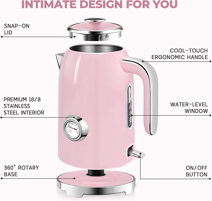 SUSTEAS Electric Kettle - 57oz Hot Tea Water Boiler with Thermometer, 1500W Fast Heating Stainless Steel Pot, Cordless LED Indicator, Auto Shut-Off & Boil Dry Protection, Pink
