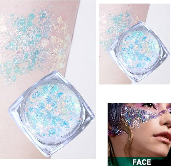 Face & Body Glitter Gel – Clear White Sparkling Gel for Hair, Face & Body – 6 Shapes Chunky Festival Makeup – Butterfly, Stars & Hearts – Rave, Party & Cosplay