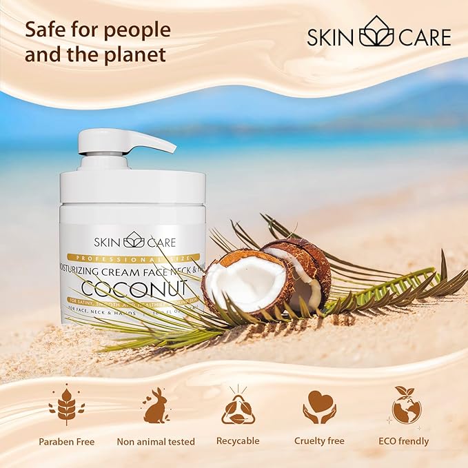 Skin Care Coconut Oil 3-in-1 Moisturizer Face Cream, Neck and Hands - Treatment for Crepey Texture, Wrinkles and Sagging - Daily Lotion for All Skin Types - 16.9 fl. oz.