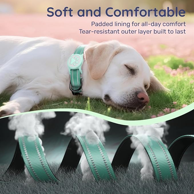 Premium Airtag Dog Collar，with IP68 Waterproof AirTag Holder,Green,M | Soft,Breathable,Nylon Padded,Reflective,Ultra-Durable Buckle,Adjustable,Comfortable for Small Medium Large Dogs