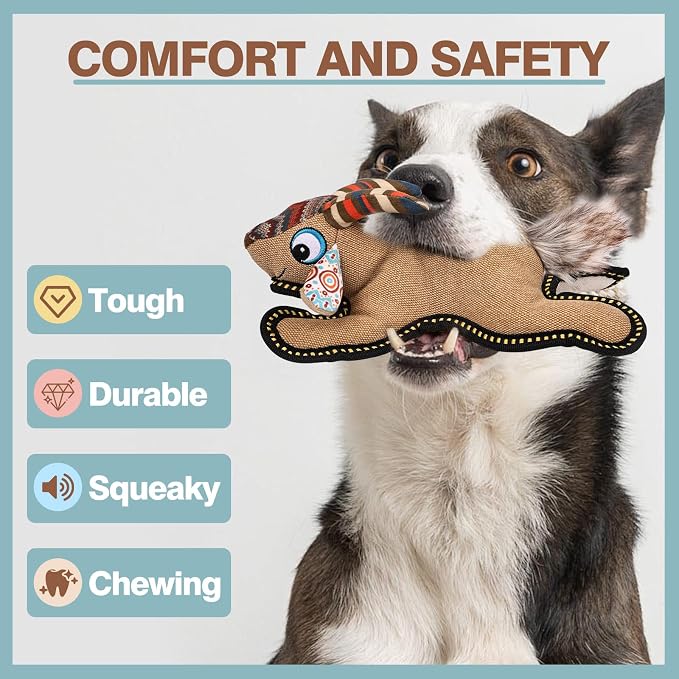 Tough Squeaky Dog Toys for Aggressive chewers Interactive to Keep Them Busy,Durable Funny Cute Tug of war Birthday for Small Medium Large (Antelope)