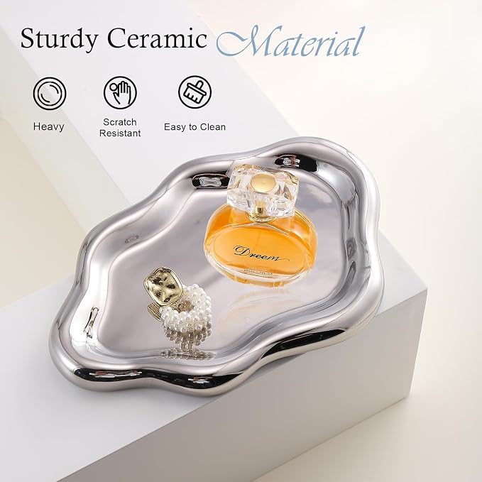 CCINPPY Ceramic Cloud Jewelry Tray Trinket Dish Key Bowl Nightstand Decor | Decorative Small Desk Tray Jewelry Plate Key Holder Bowl Cute Bedroom Room Decor Aesthetic, Gift for Women, Silver Large