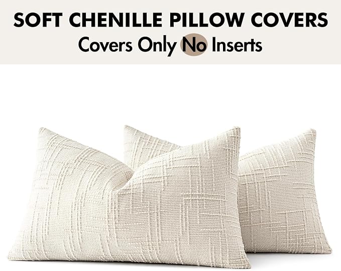 MIULEE Chenille Textured Lumbar Throw Pillow Covers Cream White 12x20 | Set of 2, Slubby Decorative Pillows, Boho Farmhouse Home Decor, Modern Neutral Cushion Covers for Couch Sofa Bed Living Room