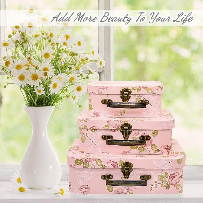 Paperboard Suitcases Set of 3 Decorative Storage Boxes With Lids, Gift Boxes With Lids For Presents, Compatible with Travel Dollhouses, Wedding Card Box or New Year Decorations (Pink Flowers)